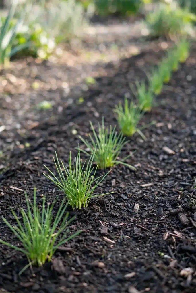 Garlic chive seedlings thinned and transplanted in a garden row
