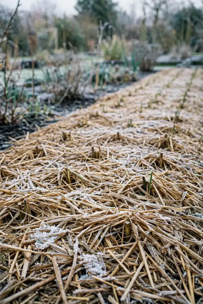 Garlic chive bed cut back and mulched for winter