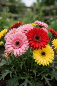 Garden bed of pink, red, and yellow gerbera daisies in full bloom