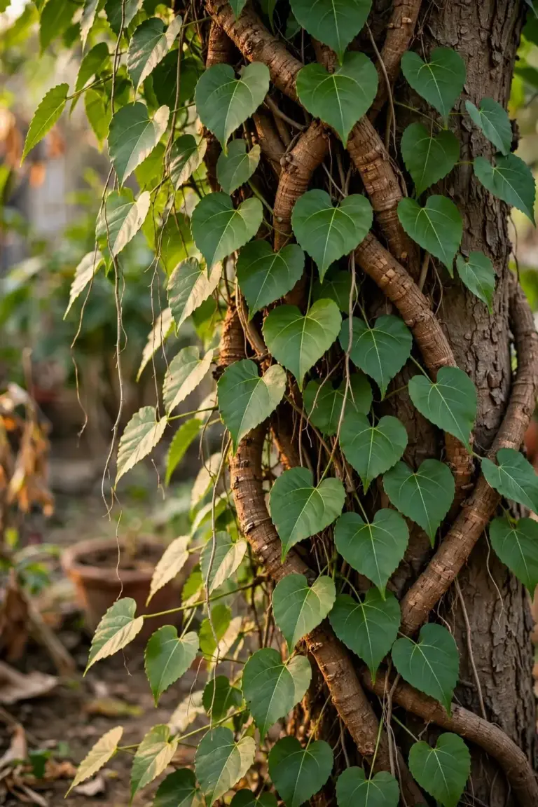 Giloy vine with heart-shaped green leaves climbing a neem tree trunk