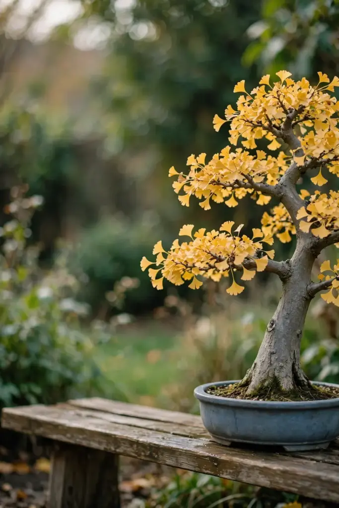 Ginkgo bonsai with golden foliage in a ceramic pot