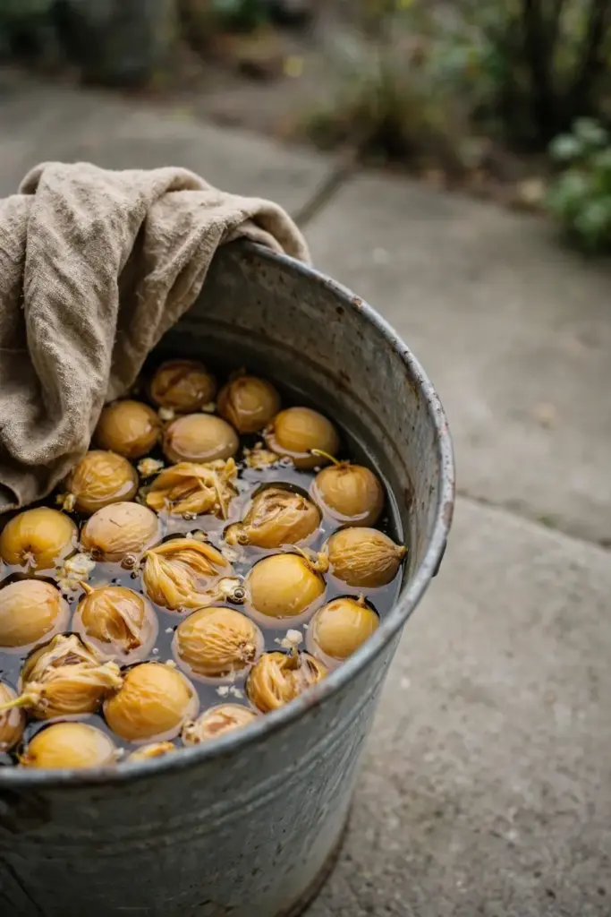 Ginkgo fruits soaking in a bucket to loosen the pulp