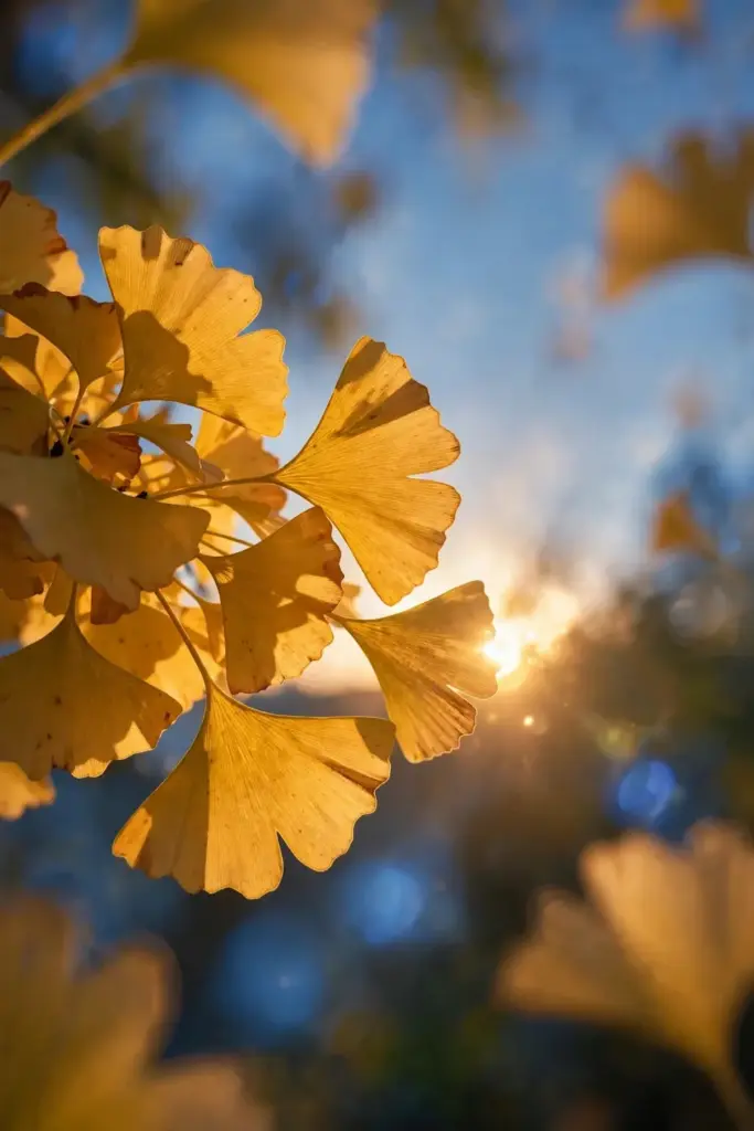 Backlit golden ginkgo leaves showing radiating veins