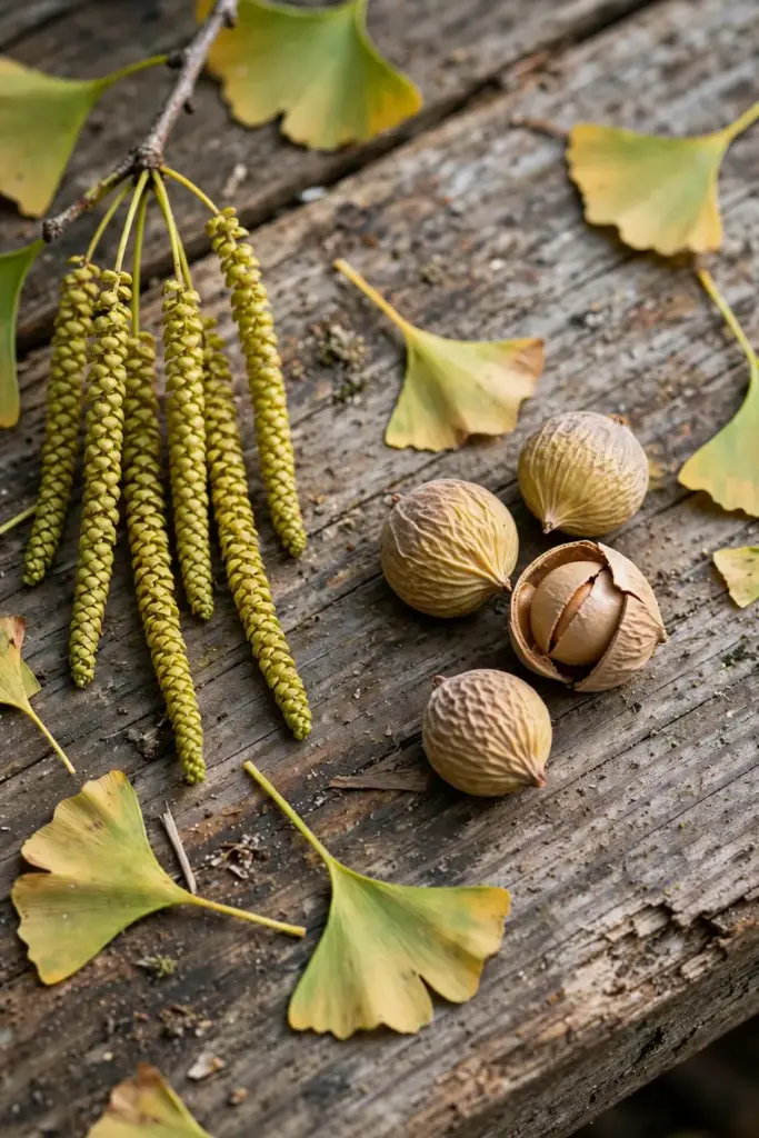 Male ginkgo pollen cones beside foul-smelling female seeds for comparison
