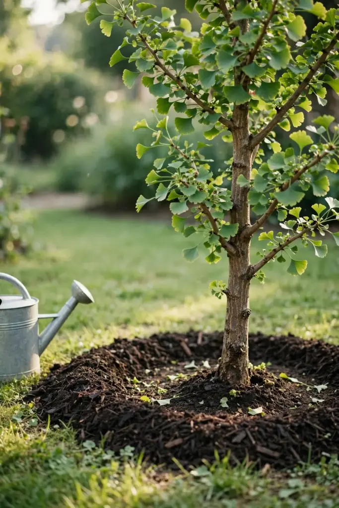 Young ginkgo with mulch ring and watering can after deep watering