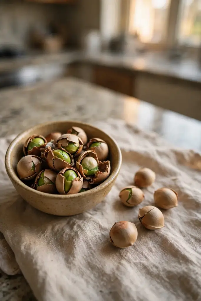 Roasted ginkgo nuts with cracked shells in a ceramic bowl