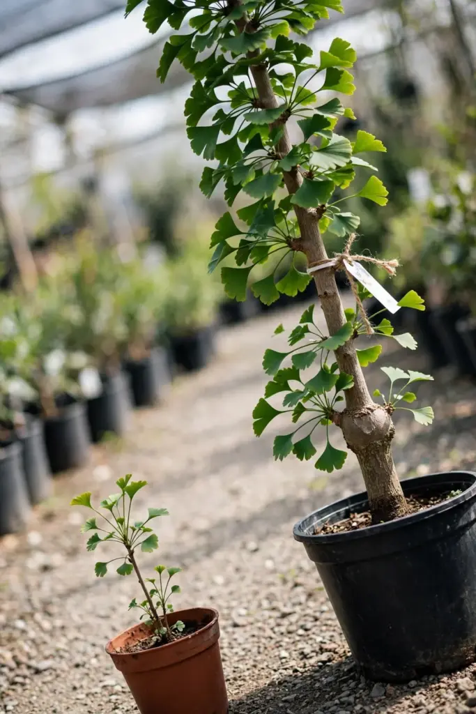 Seed-grown ginkgo seedling beside a tagged grafted nursery tree