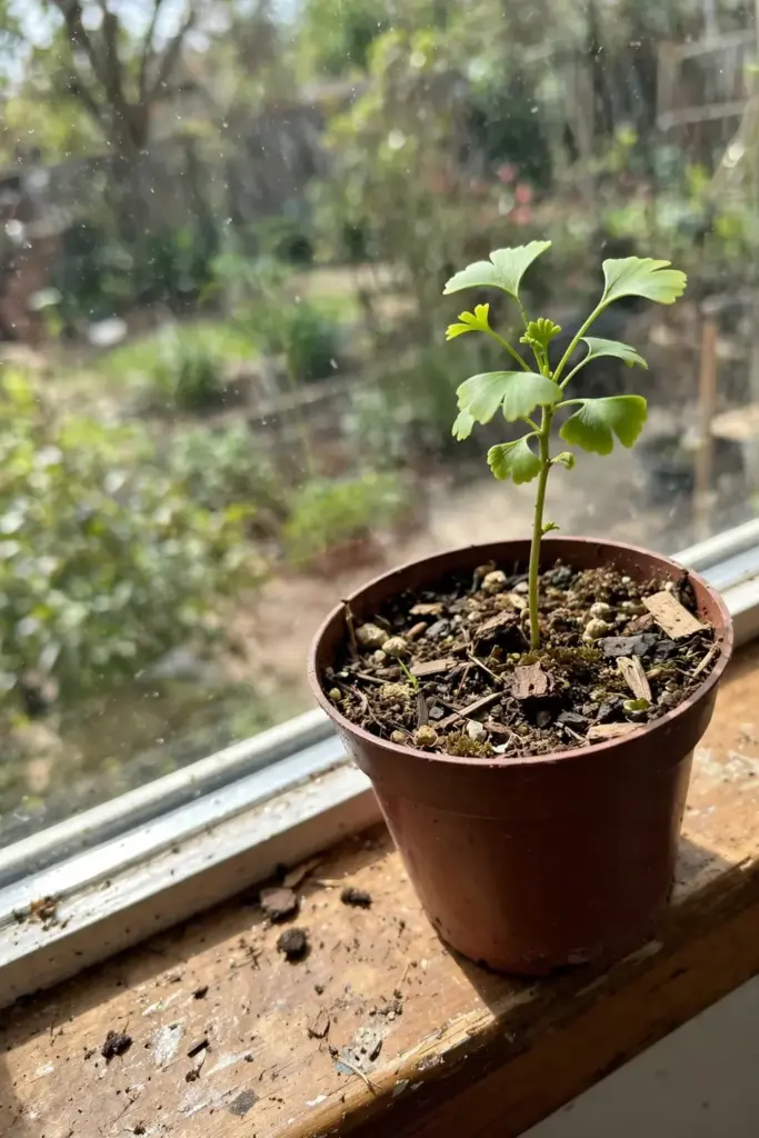 First-year ginkgo seedling with fan-shaped leaves in a nursery pot