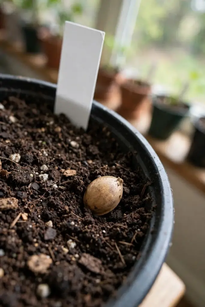 Ginkgo seed sown shallowly in a labeled 4-inch pot