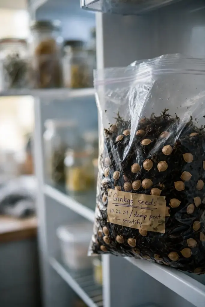 Ginkgo seeds stratifying in moist peat moss inside a refrigerator
