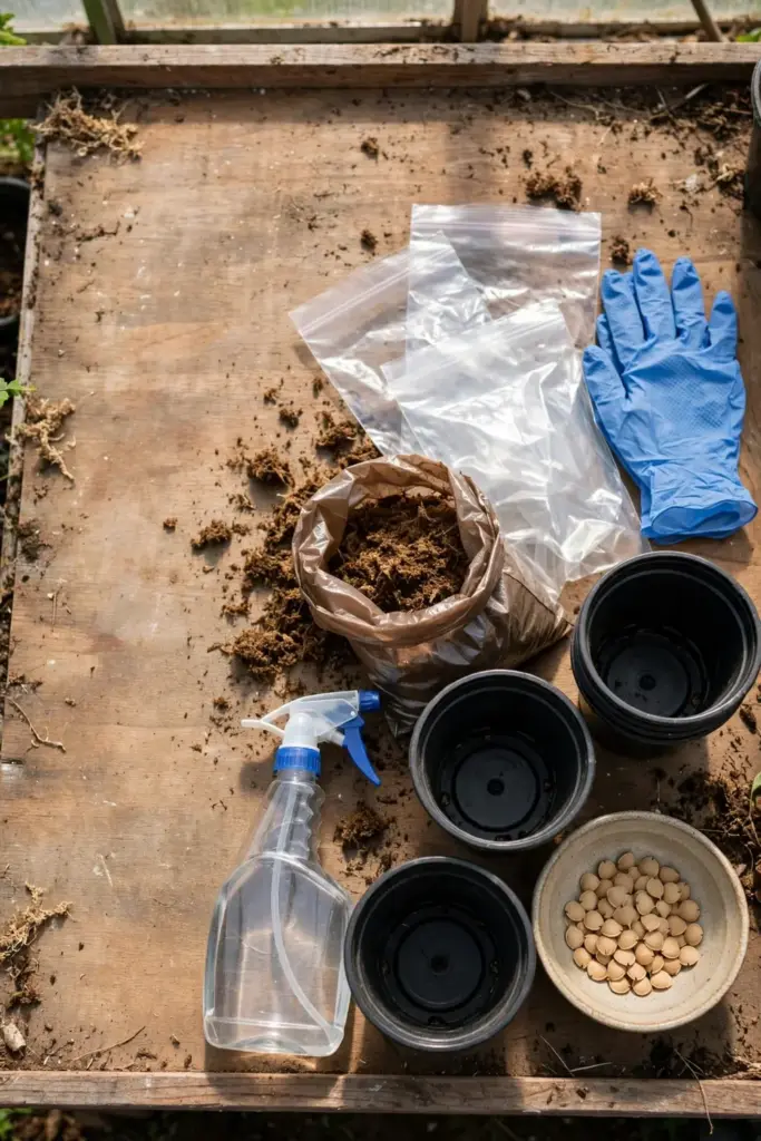 Flat-lay of gloves, bags, peat moss, pots, and ginkgo seeds