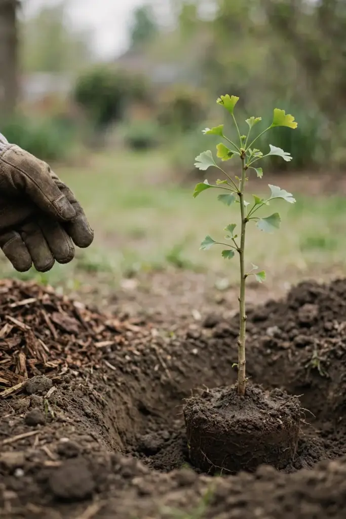 Young ginkgo sapling steadied while planting in a wide hole