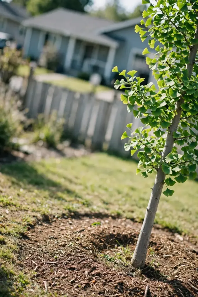 Young ginkgo tree with room to grow in a sunny yard