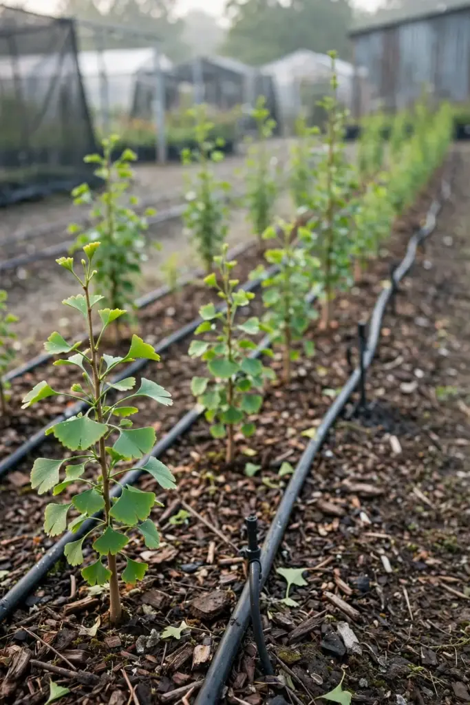 Row of young ginkgo trees growing in a nursery bed
