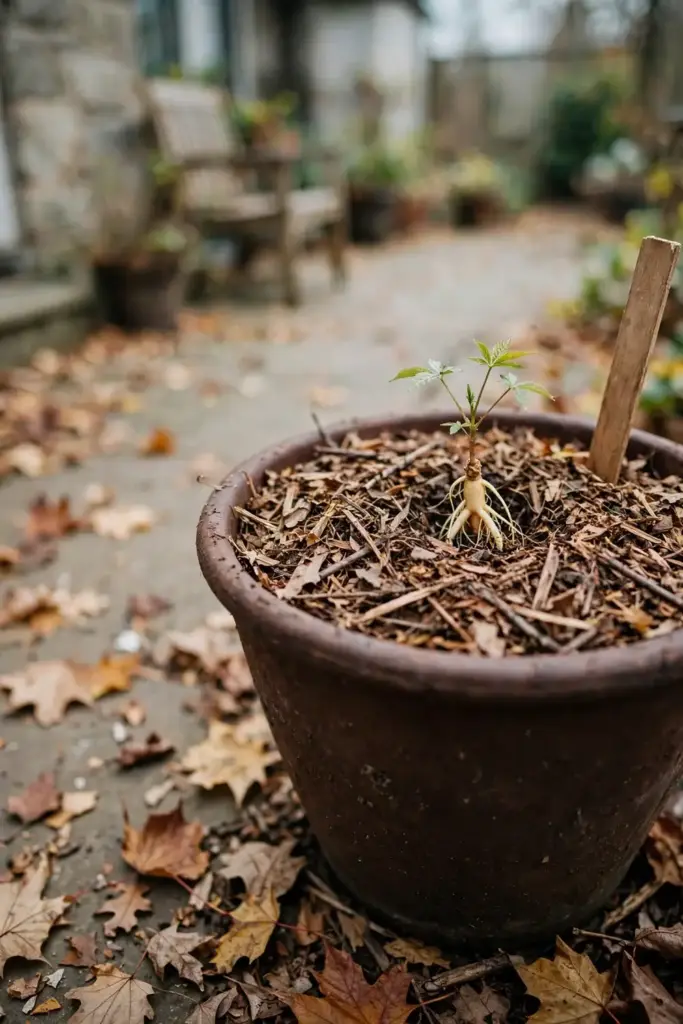 Ginseng rootlet planted in a deep pot with leaf mulch on top