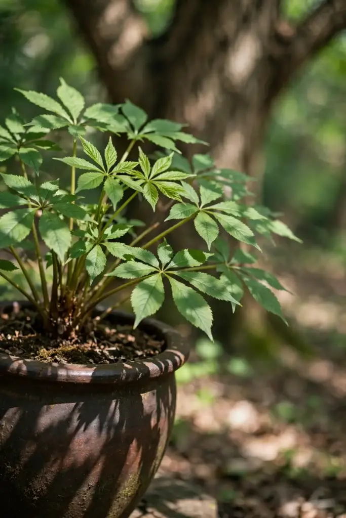 Ginseng pot in deep dappled shade under a deciduous tree