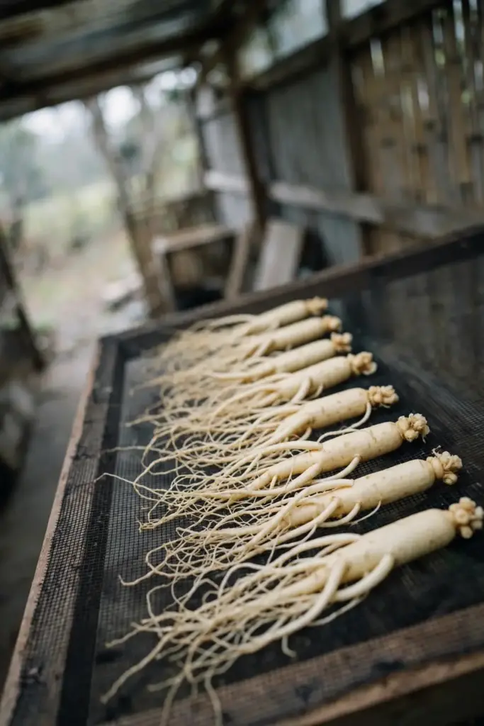 Ginseng roots drying on a screen in a ventilated shaded spot