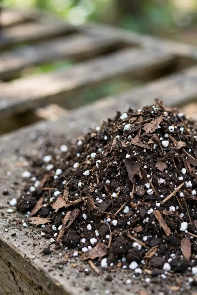 Forest-floor potting mix with leaf mold perlite and loam in a pile