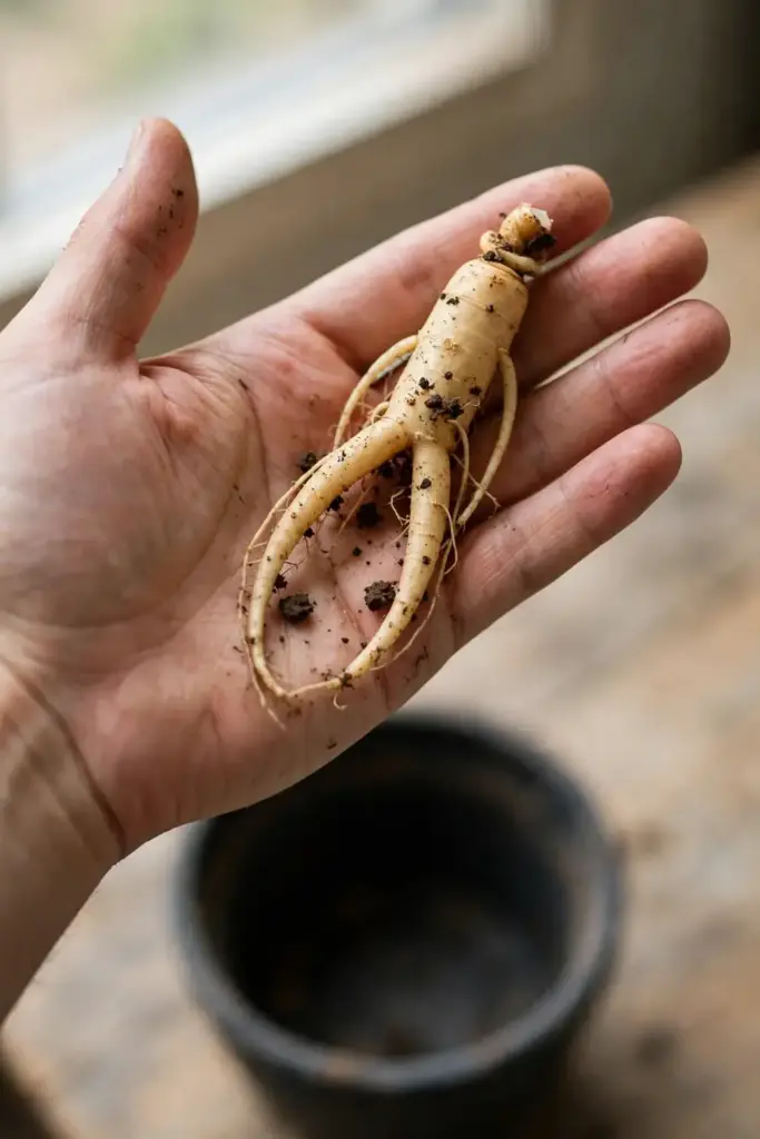Hand holding a freshly dug forked ginseng root over a pot of soil