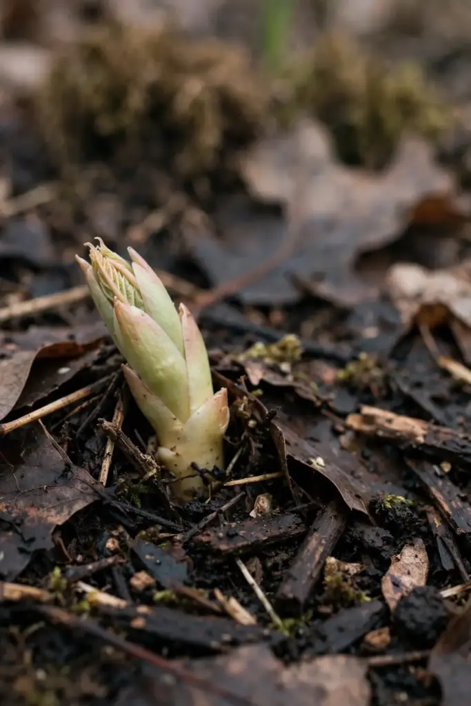 Healthy ginseng crown with firm pale bud emerging in spring