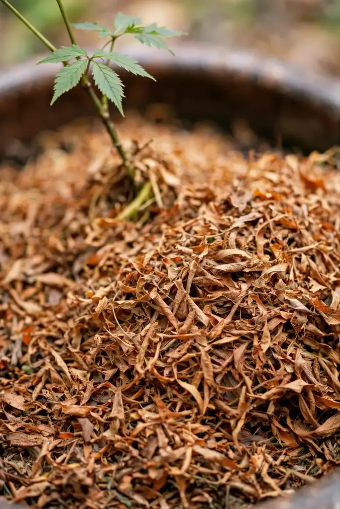 Thick blanket of shredded autumn leaves over a ginseng pot
