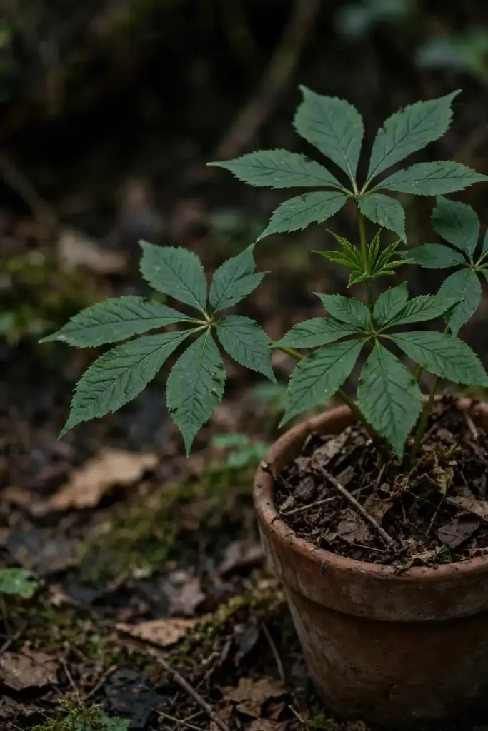 Ginseng plant with modest leaves and leaf-mold top dressing, no fertilizer