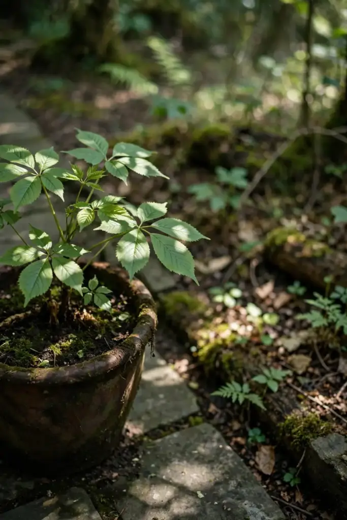 Ginseng pot on a shady patio beside a woodland garden bed