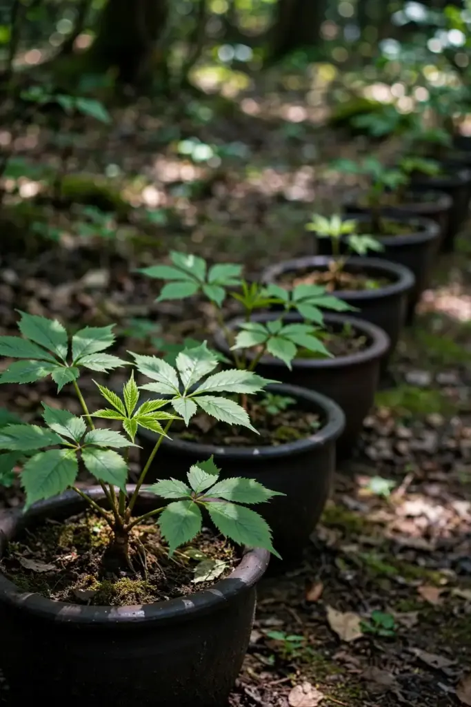 Row of ginseng pots in deep shade at different ages