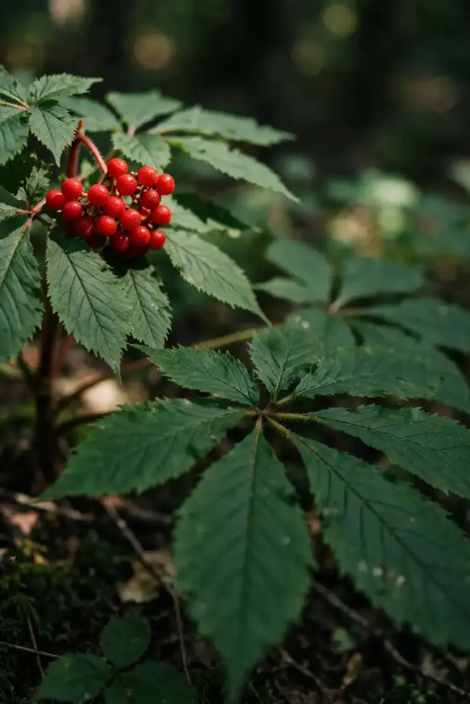 Ginseng plant with clusters of bright red berries in late summer