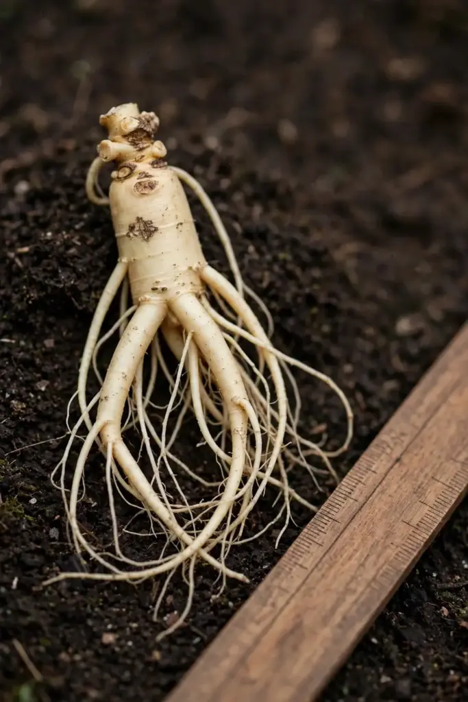 Ginseng root with five stem scars on the neck beside a ruler
