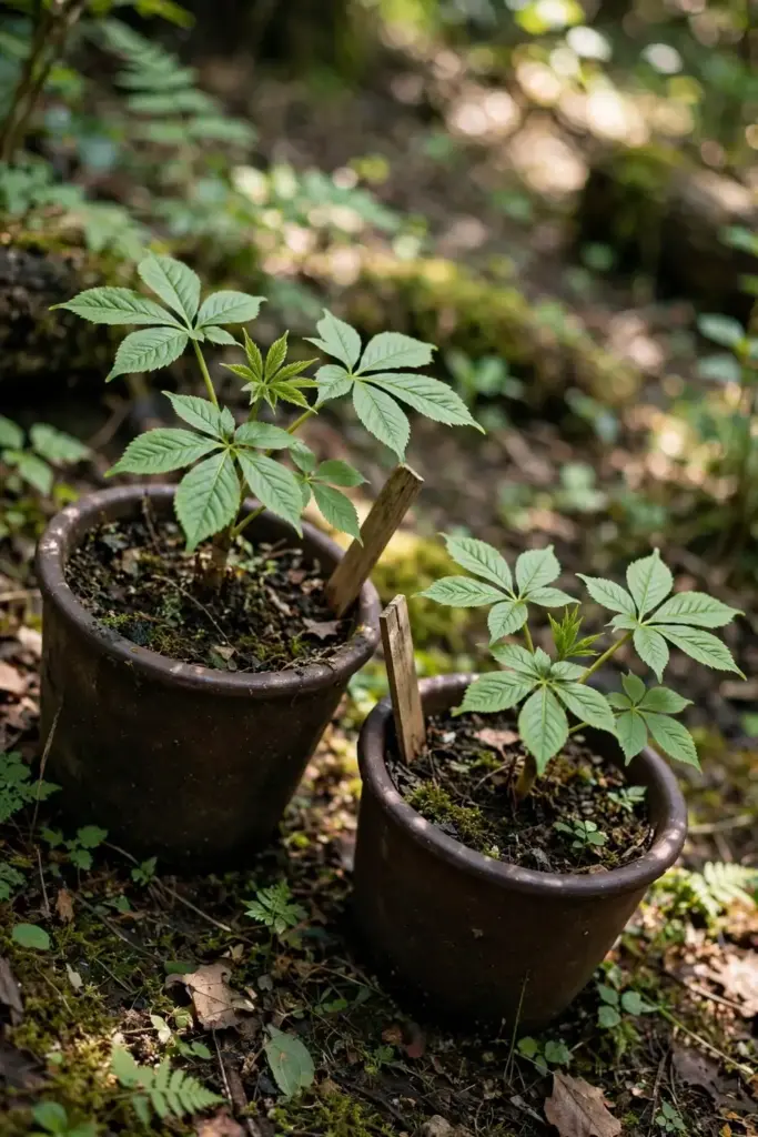 Two ginseng plants with labeled markers showing American and Asian species