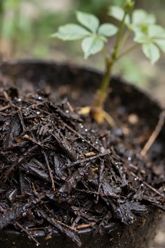 Water soaking into leaf mulch around a potted ginseng plant