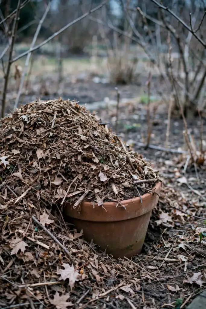 Ginseng pot buried to its rim in a garden bed with heavy winter mulch