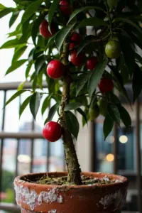 Potted God's crown tree with round red fruit among tapering green leaves