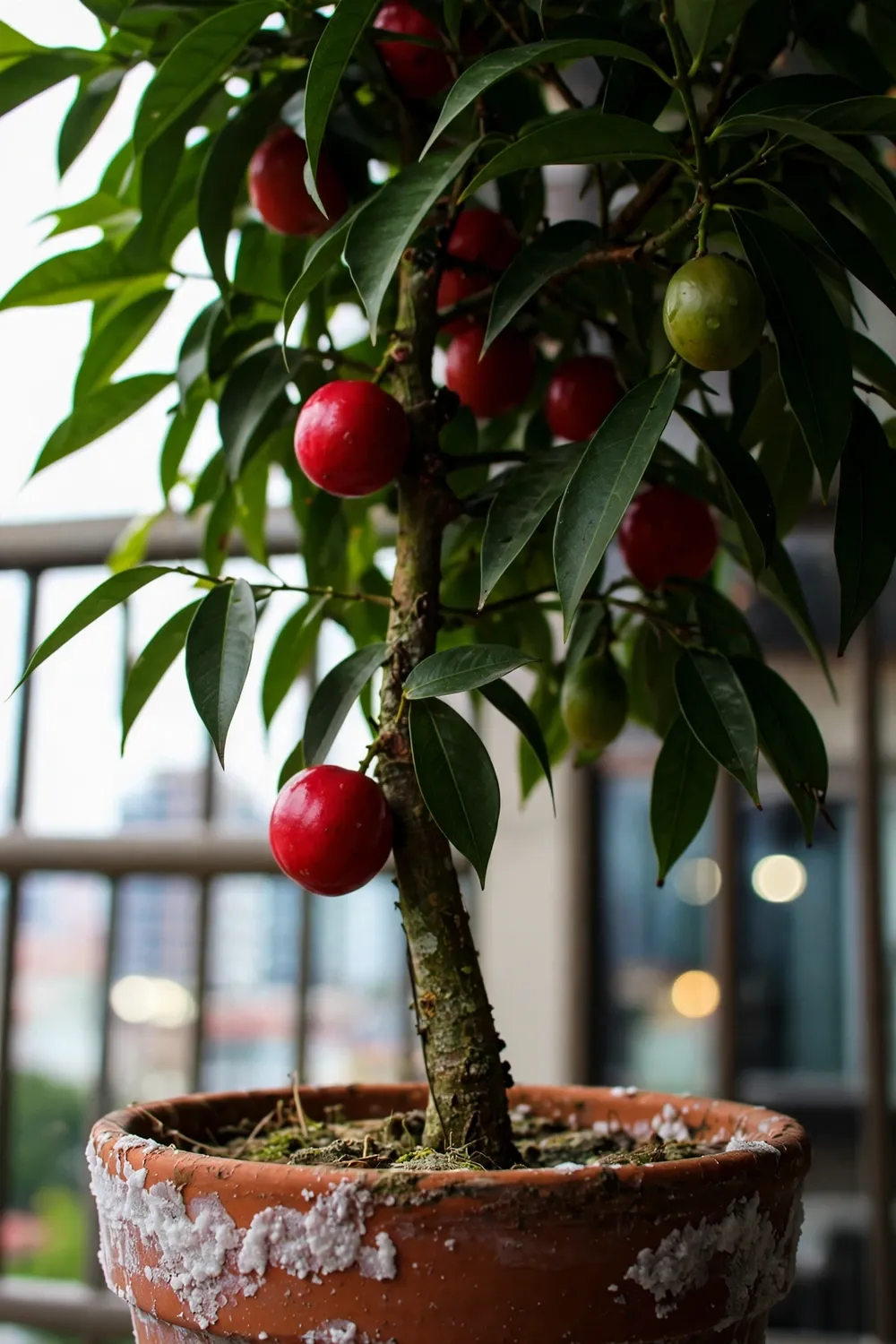 Potted God's crown tree with round red fruit among tapering green leaves