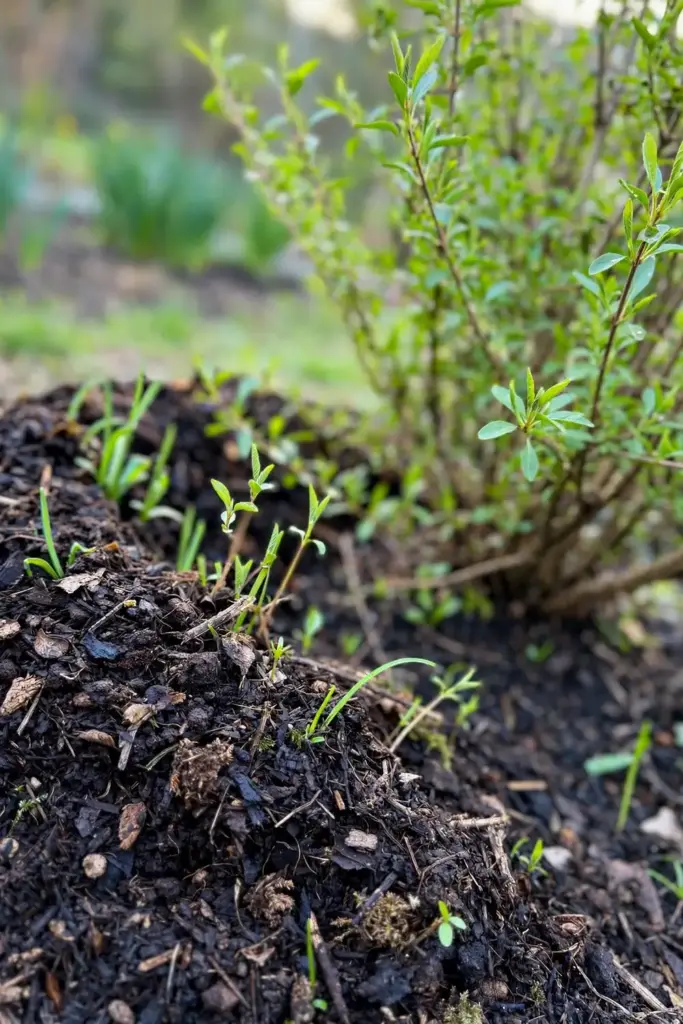Compost top-dressing spread around a goji shrub in spring
