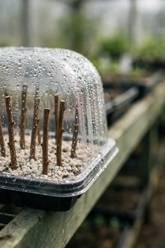 Goji hardwood cuttings rooting in perlite under a humidity dome