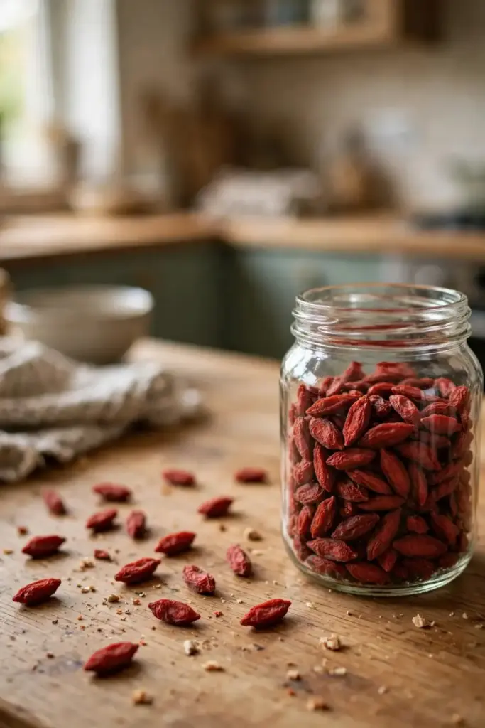 Dried goji berries in a glass jar on a kitchen counter