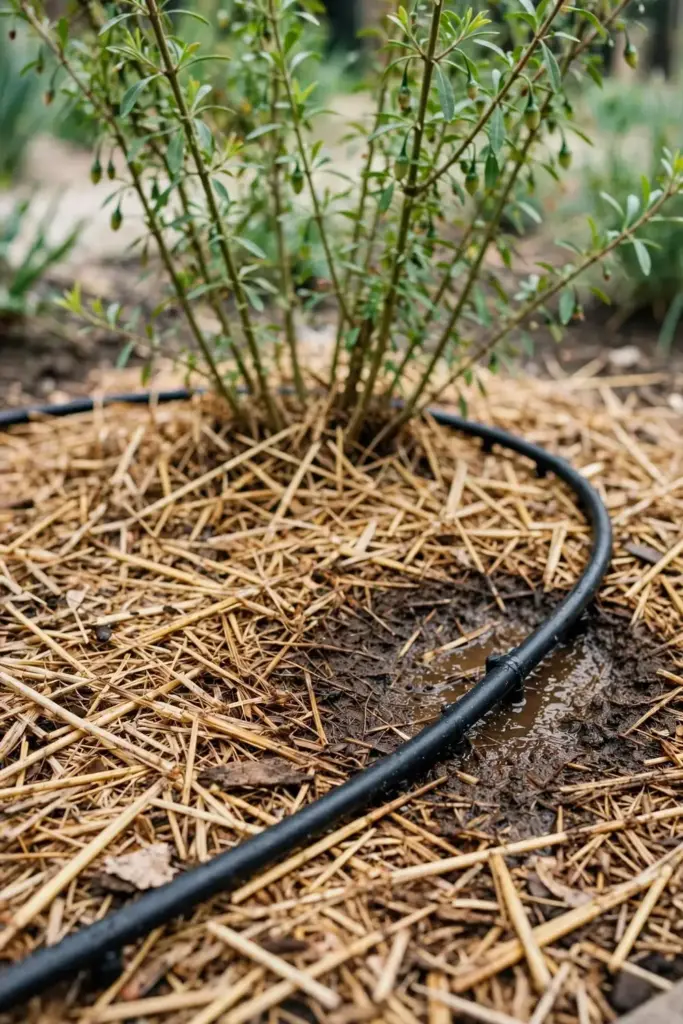 Drip irrigation line watering mulch around a goji shrub