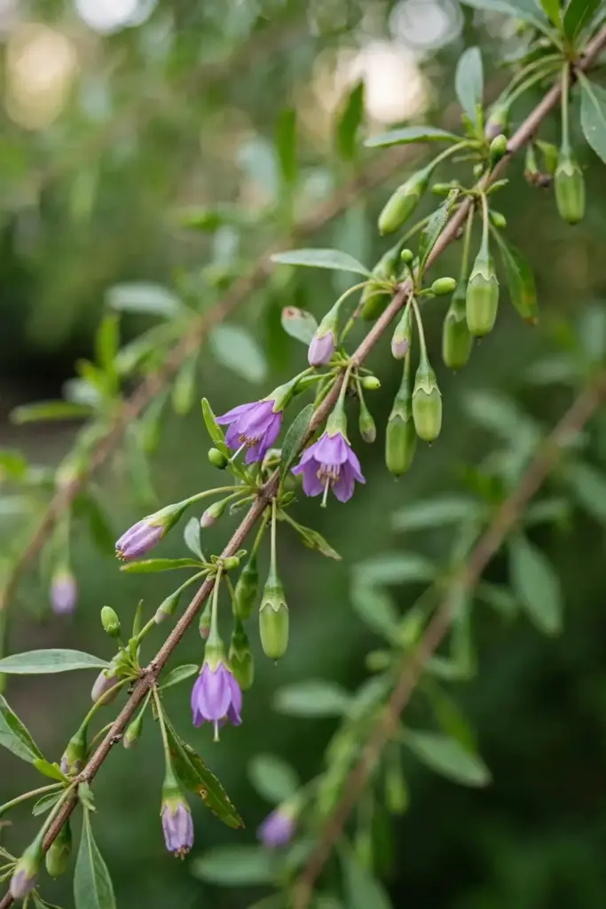 Goji shrub with purple bell flowers and young green berries in early summer