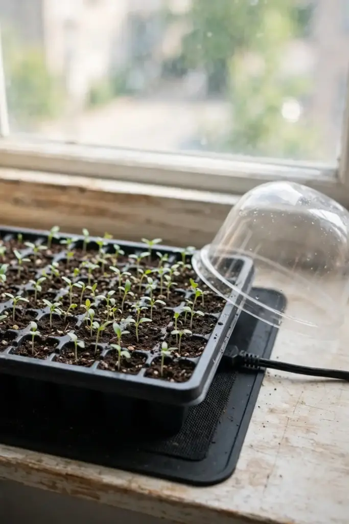 Goji seedlings sprouting on the surface of seed mix in a tray on a heat mat