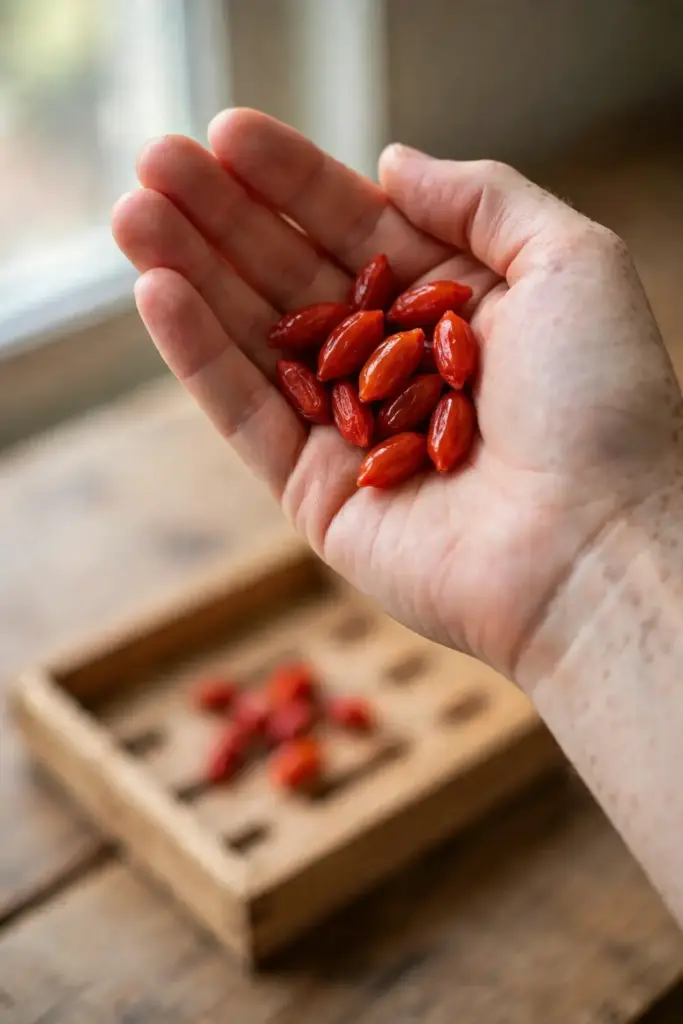 Hand holding ripe red goji berries above a shallow picking tray