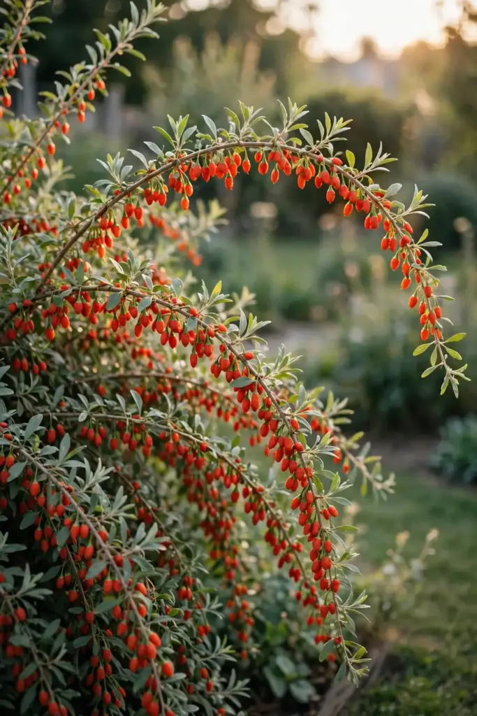 Mature goji shrub loaded with red berries at sunset
