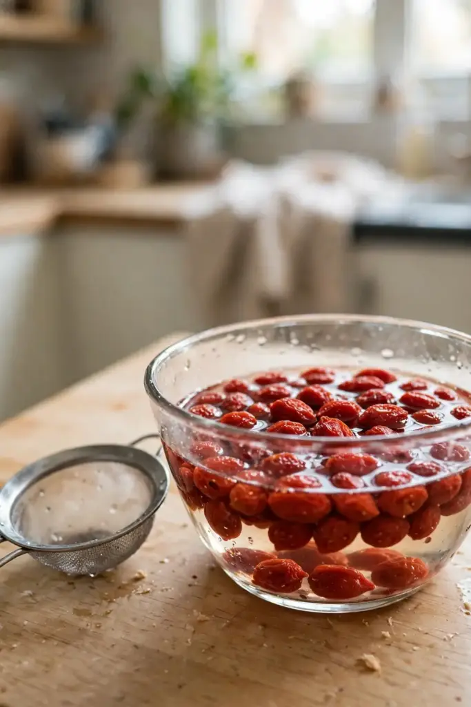 Dried goji berries soaking in warm water in a glass bowl