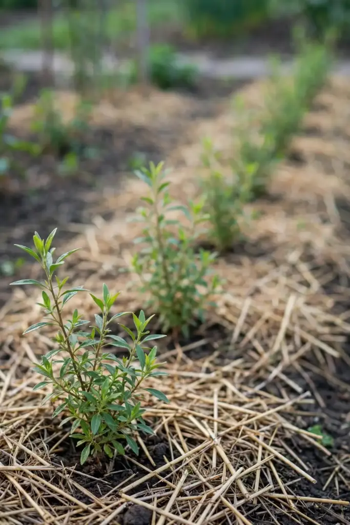 Newly planted goji transplants spaced in a row with straw mulch