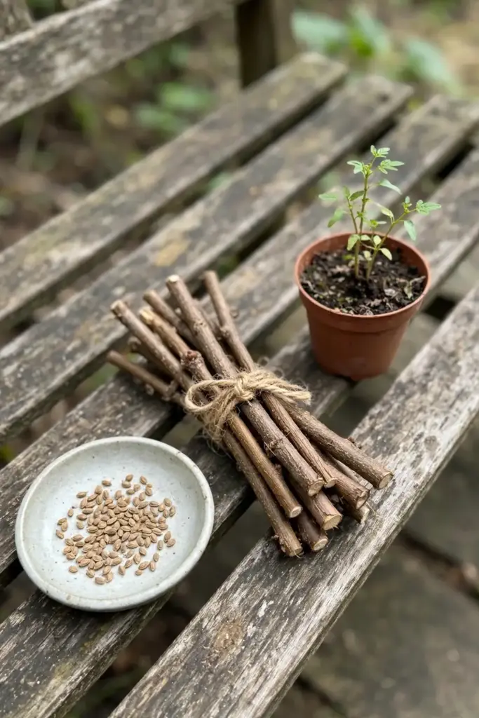 Goji seeds cuttings and nursery plant arranged side by side on a bench