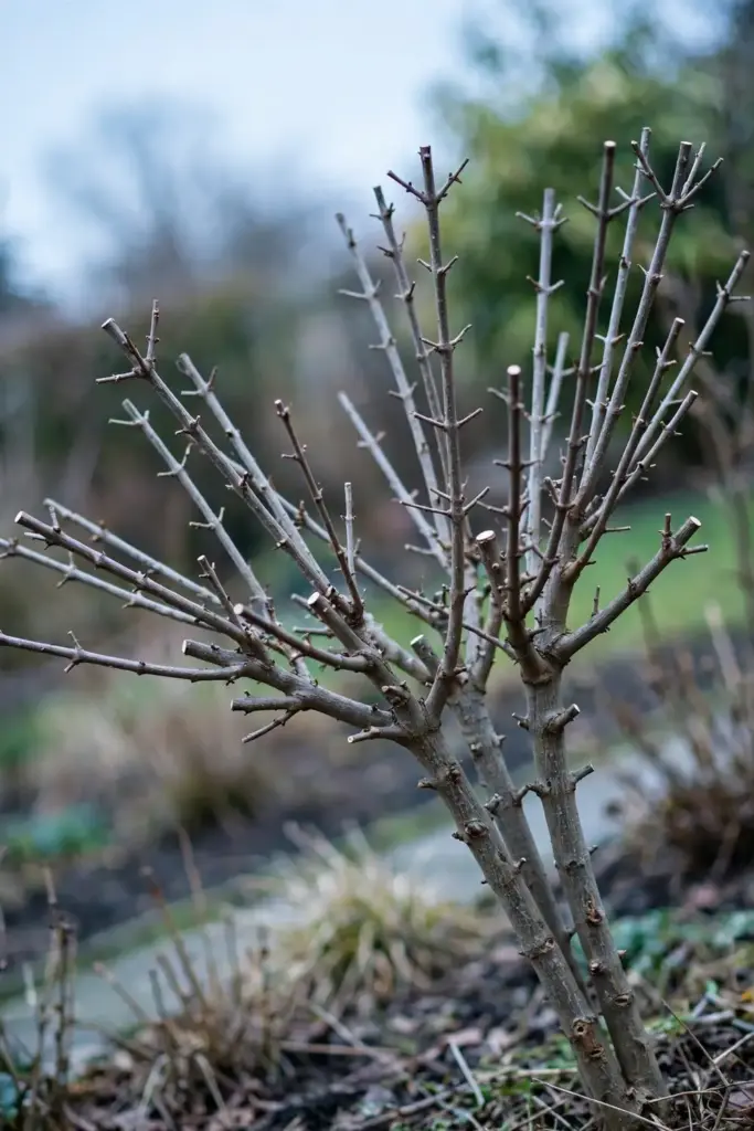 Pruned goji shrub with open vase shape and shortened laterals