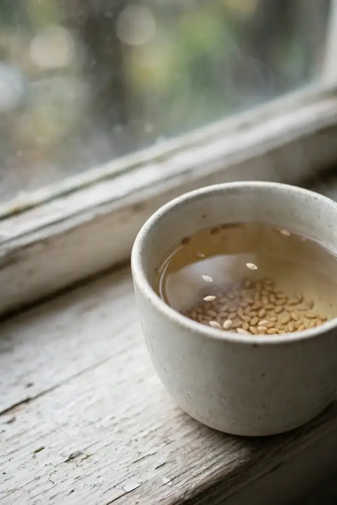Goji seeds soaking in a cup of warm water