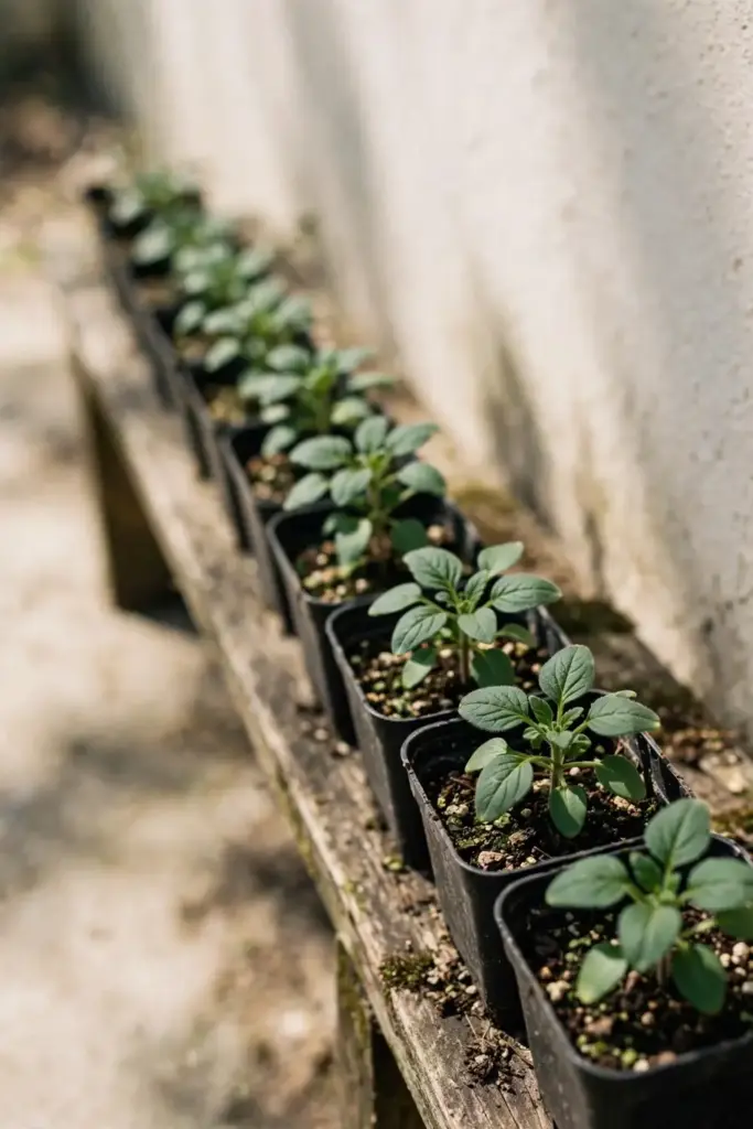 Stocky goji seedlings in small pots hardening off outdoors