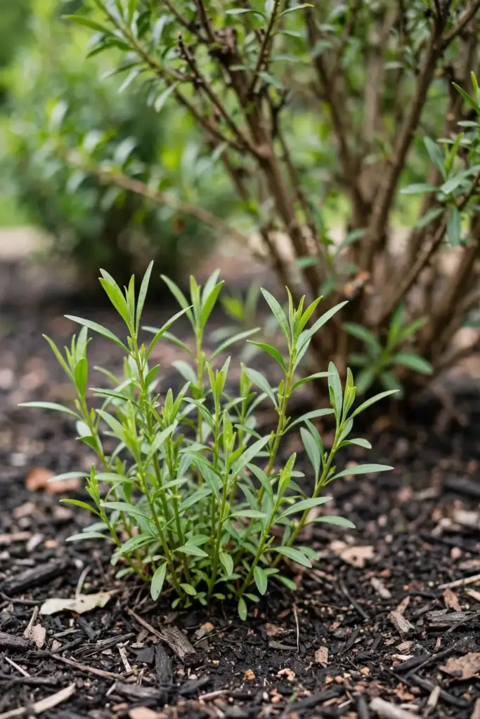 Goji suckers sprouting around the base of a mature shrub